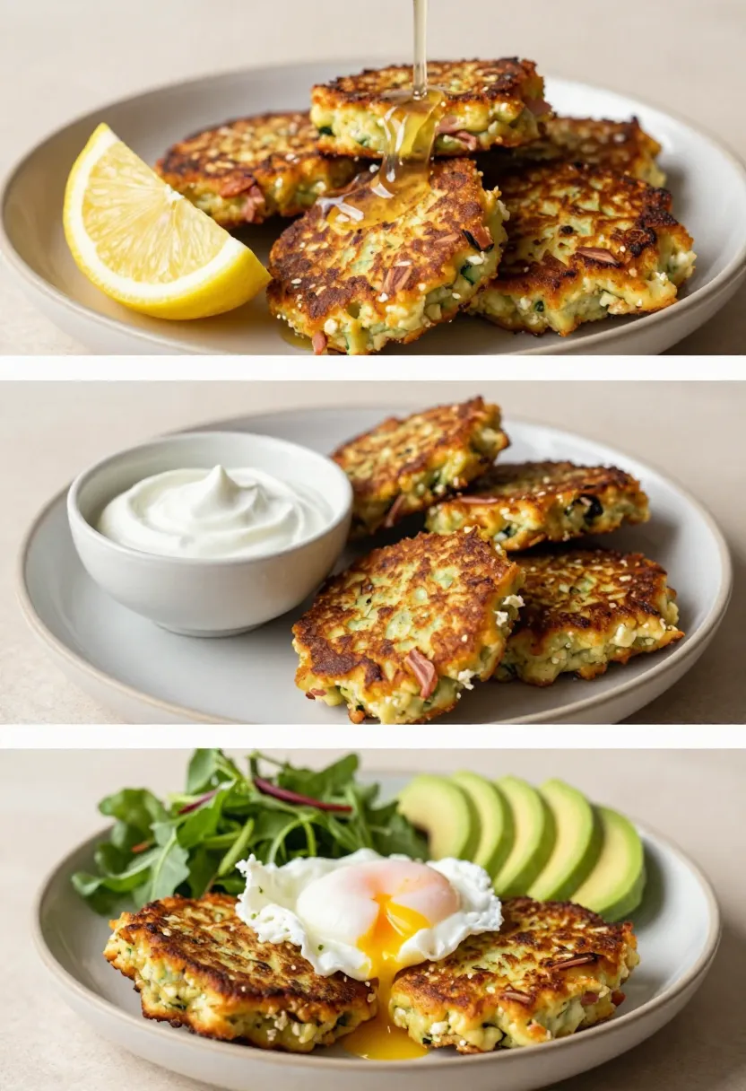 Collage of zucchini fritters served with lemon, yogurt, salad, and poached egg