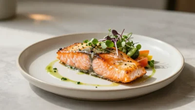 Elegant baked salmon with herbs, sauce, and vegetables in a modern setting