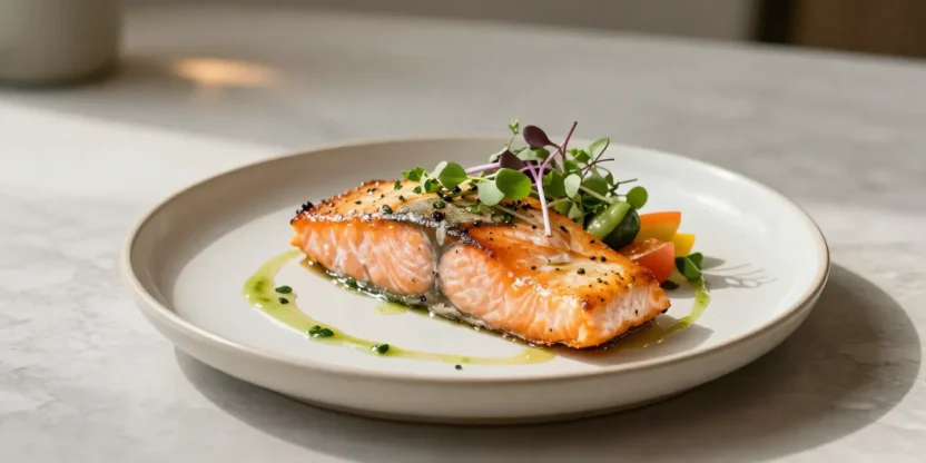 Elegant baked salmon with herbs, sauce, and vegetables in a modern setting