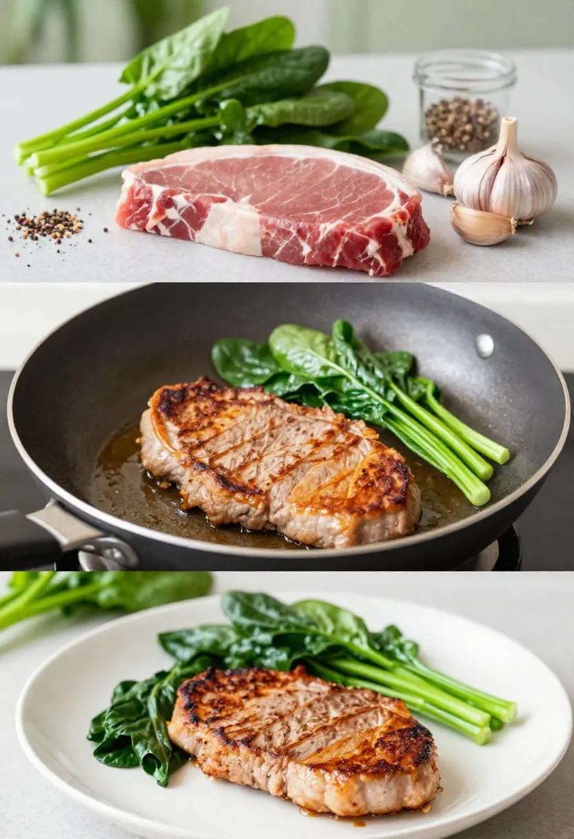 Skillet pork chop with greens collage showing ingredients, cooking process, and fresh plated dish