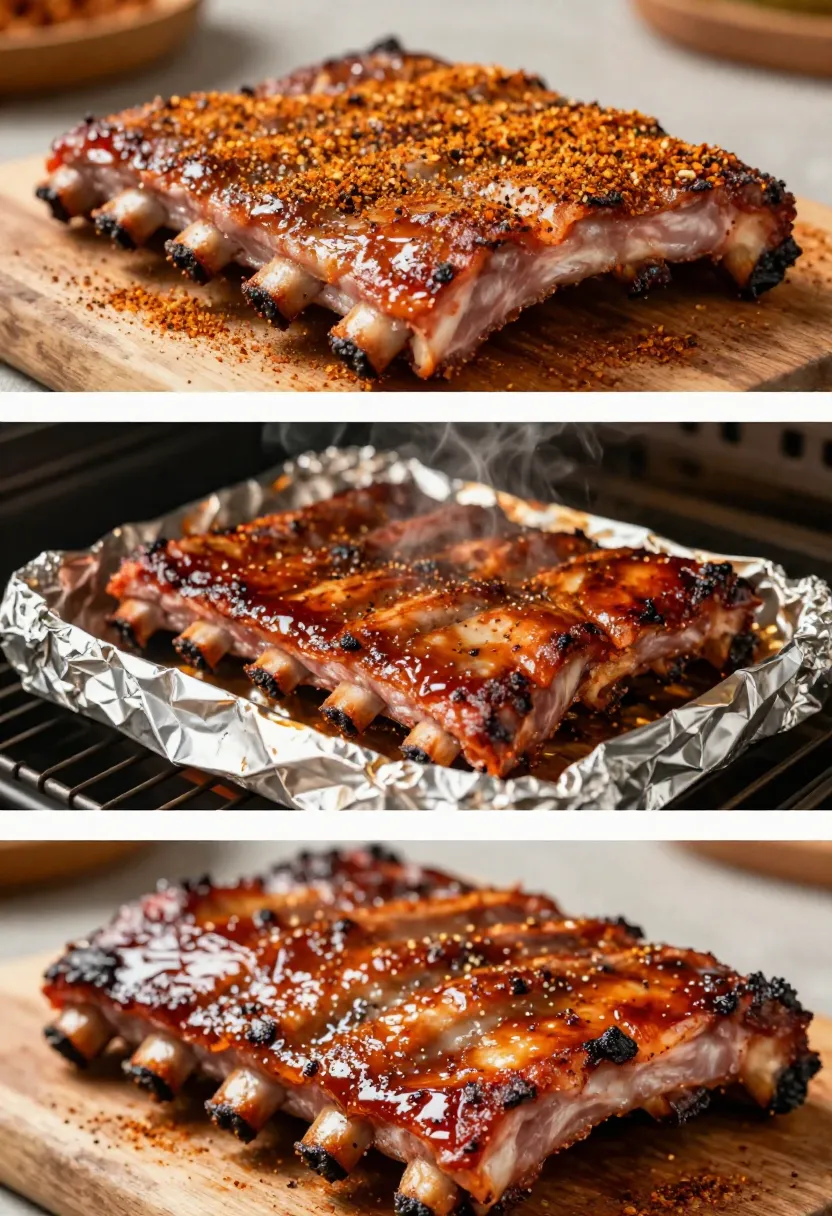 Three-image collage showing raw, cooking, and finished BBQ ribs