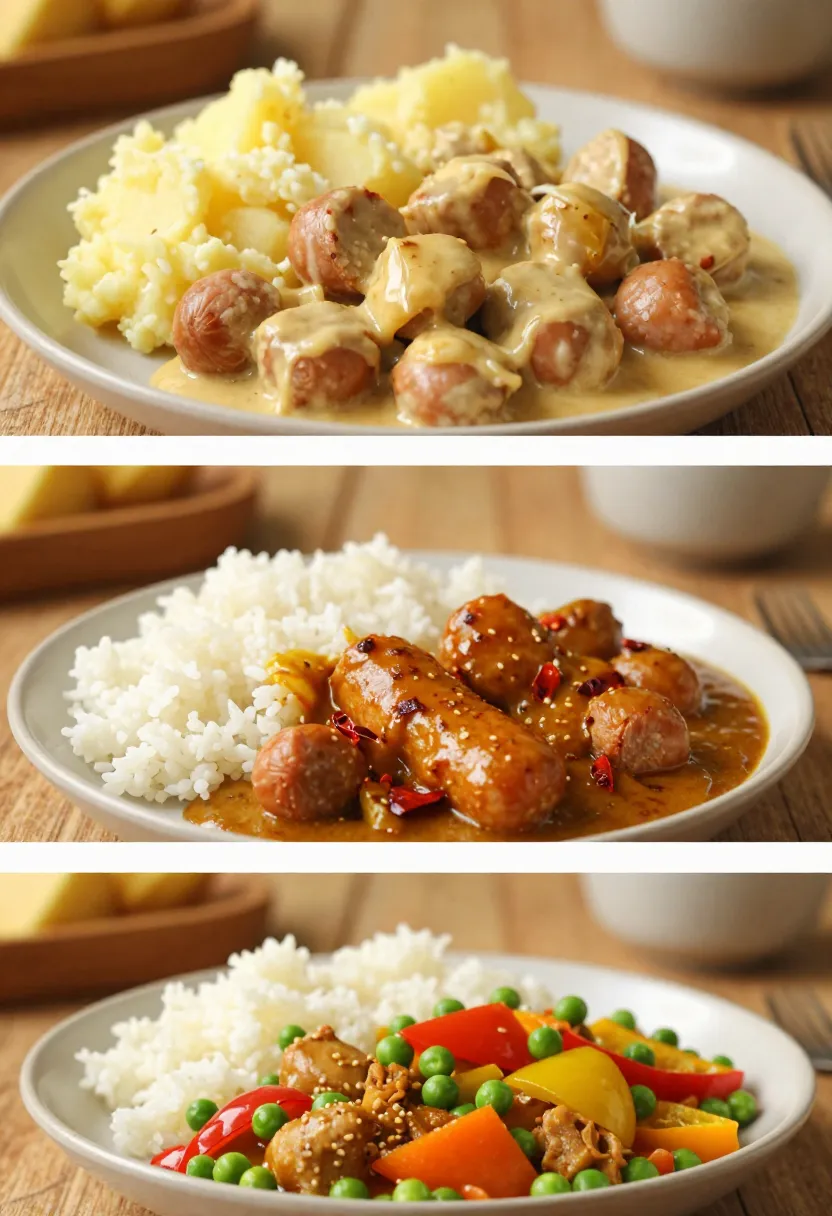 Collage of curried sausages variations with rice, vegetables, and mashed potatoes