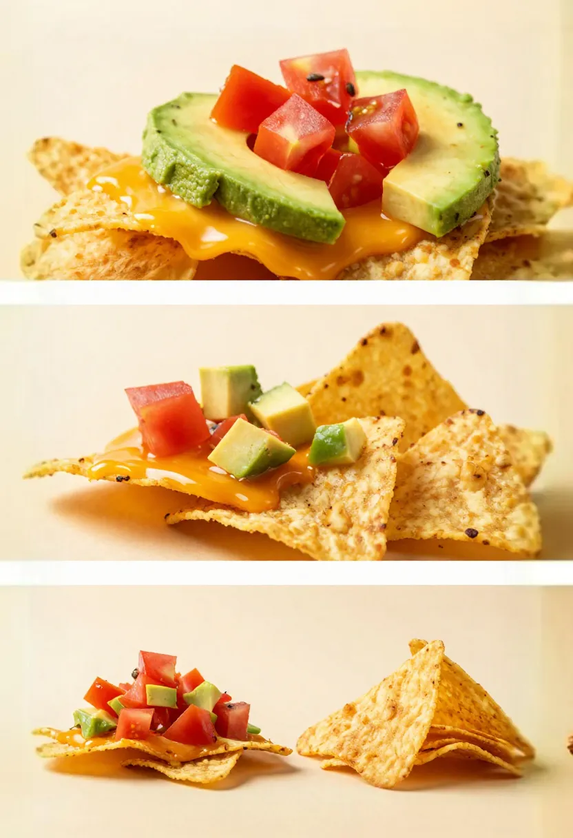 Collage showing details like texture, chip type, and topping balance in nachos