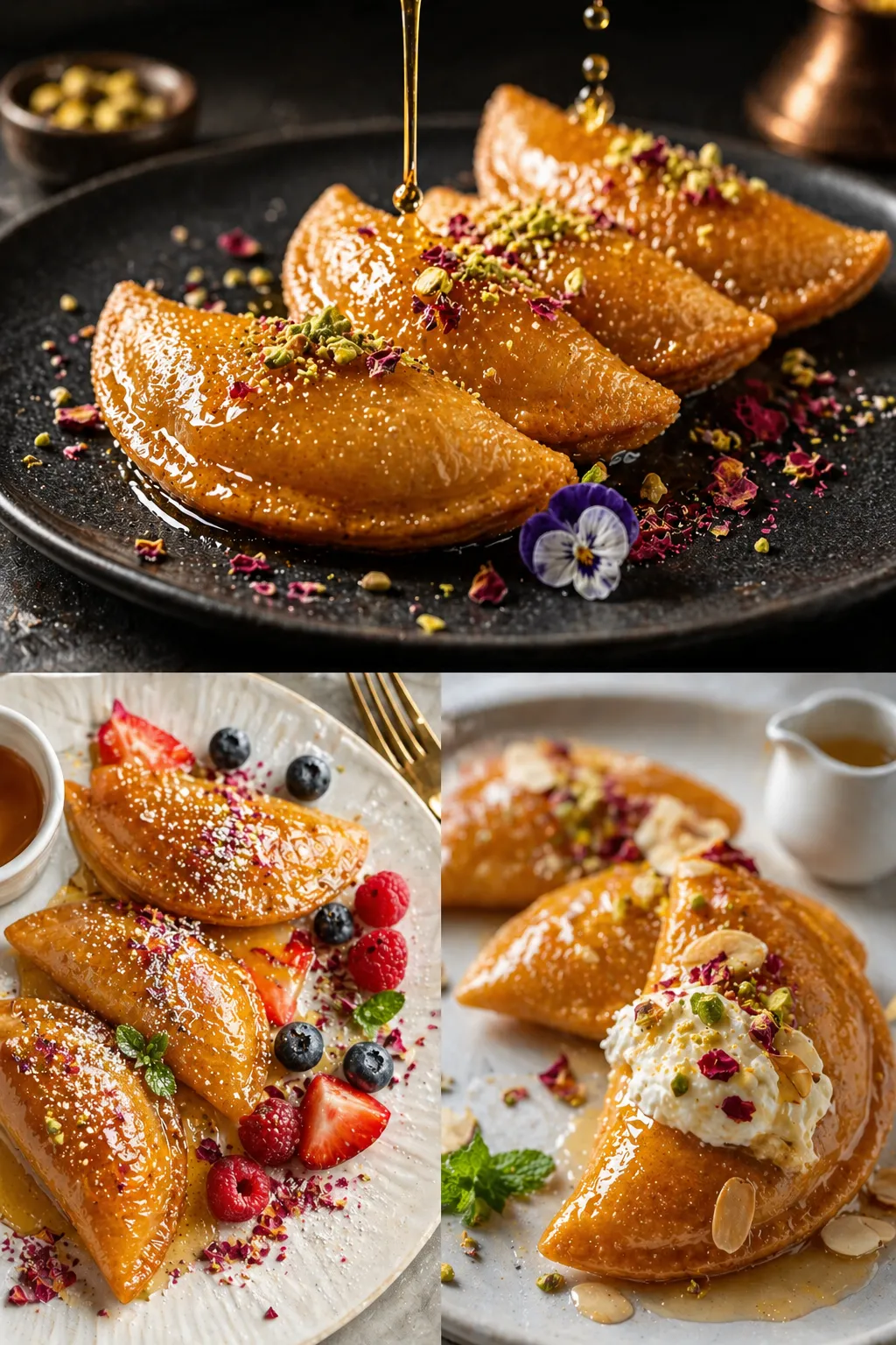Elegant qatayef served with honey, berries, and pistachios