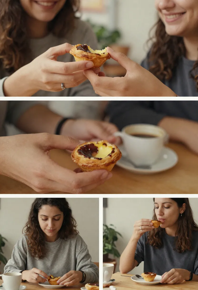 Collage of people enjoying pastéis de nata in relaxed, cozy moments