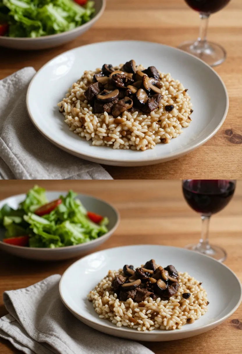 Cozy dinner collage with risotto, salad, and red wine