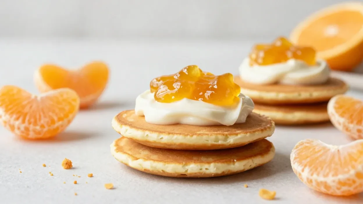 Mandarin and white chocolate pikelets with cream and citrus in a bright, airy setting