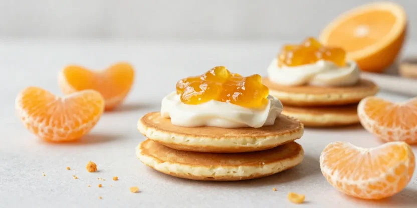 Mandarin and white chocolate pikelets with cream and citrus in a bright, airy setting