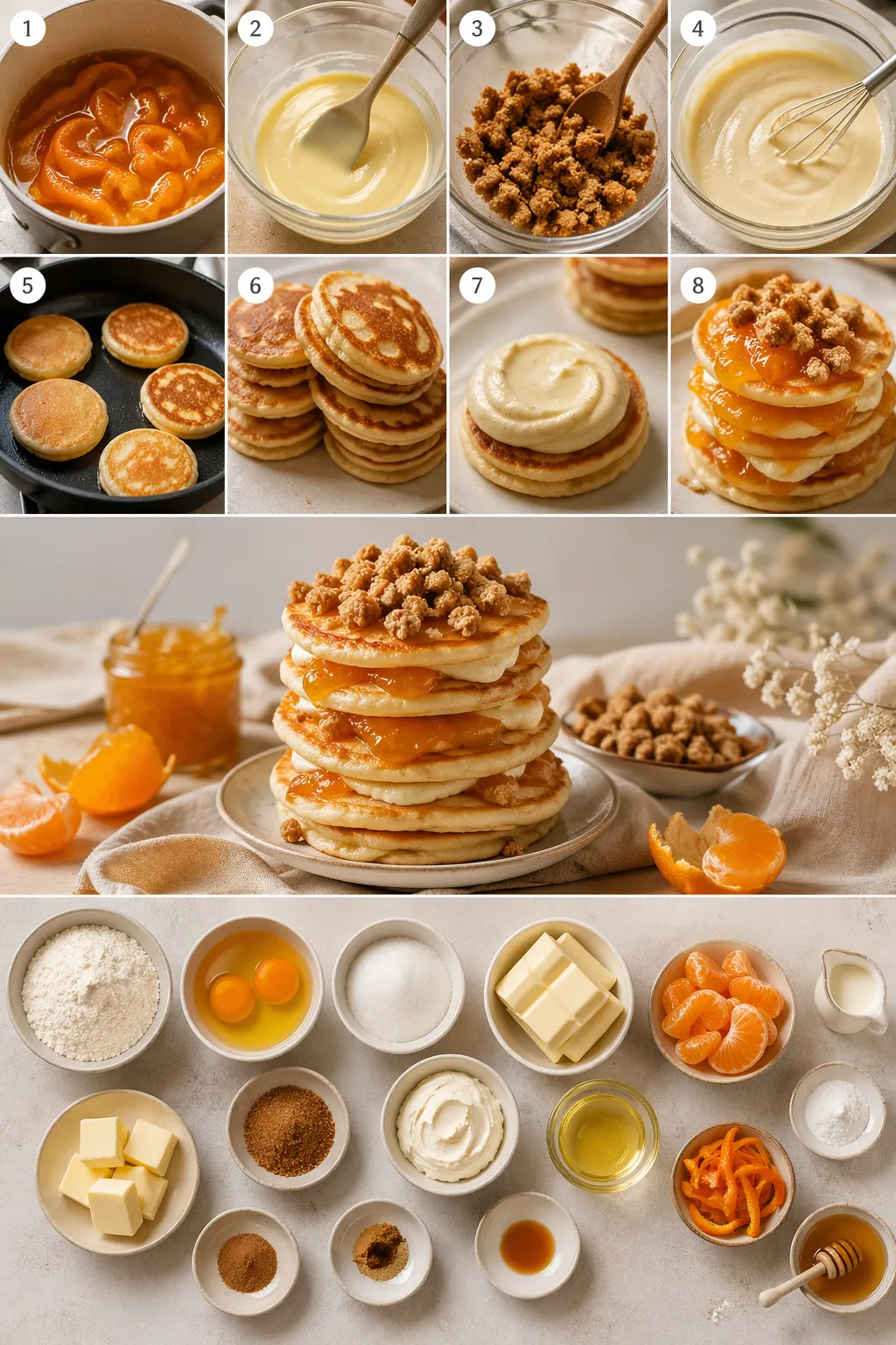 Step-by-step mandarin and white chocolate pikelets recipe collage with cooking process and final dish