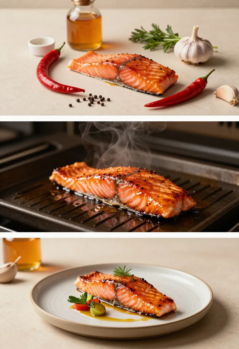 Spicy glazed salmon with rich color and shiny surface