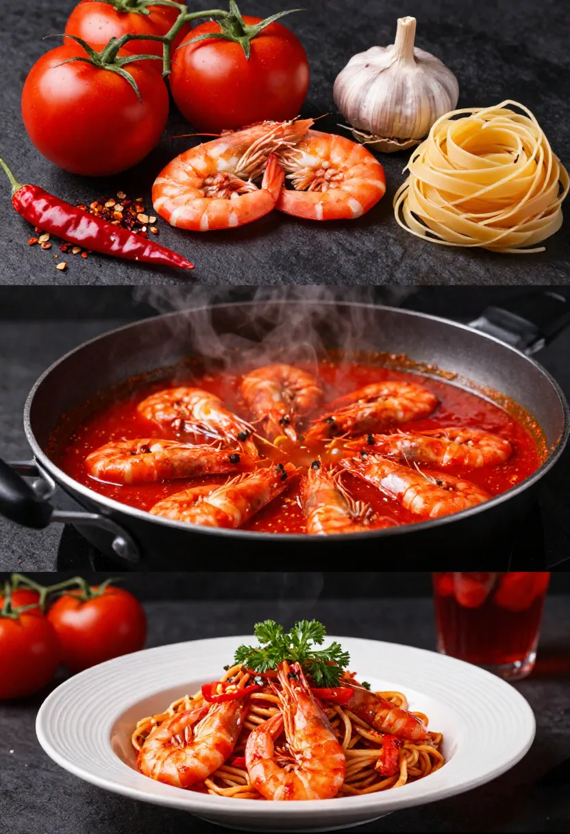Spicy tomato shrimp pasta ingredients, cooking, and plated dish