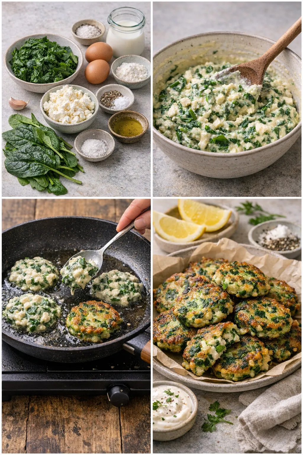 Step-by-step collage of making spinach and feta fritters from batter to golden fried result