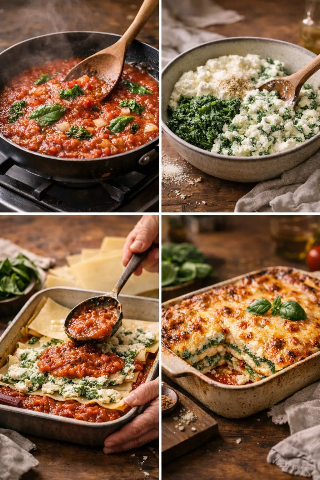 Step-by-step spinach and ricotta lasagne cooking process collage