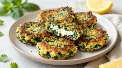 Golden spinach and feta fritters on a plate with herbs and lemon in soft natural light