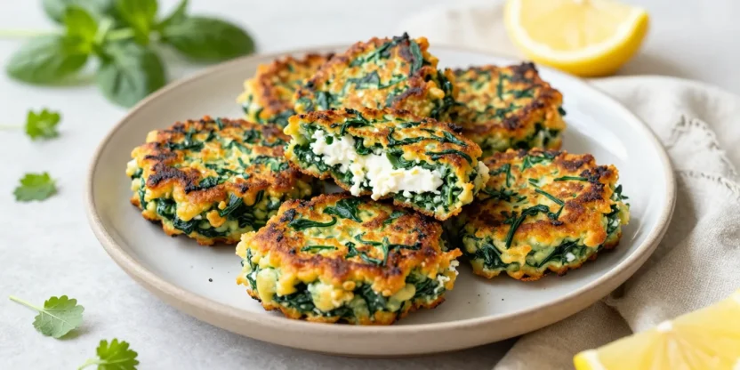 Golden spinach and feta fritters on a plate with herbs and lemon in soft natural light