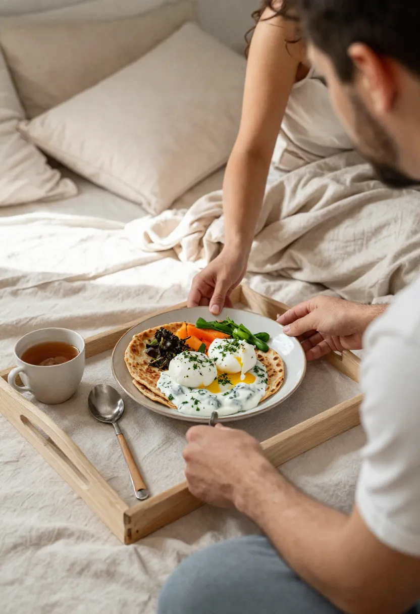 Breakfast in bed with flatbread, poached eggs, and fresh vegetables