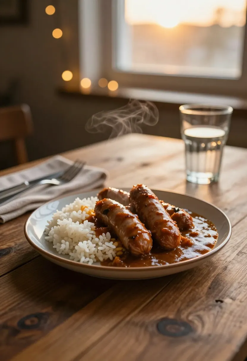 Curried sausages with rice in a warm, cozy evening setting