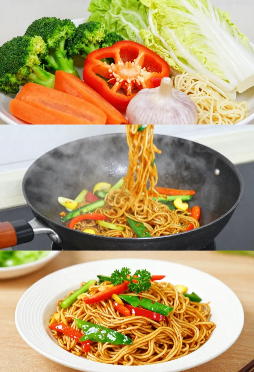 Collage of stir-fried vegetables with noodles from ingredients to plated dish