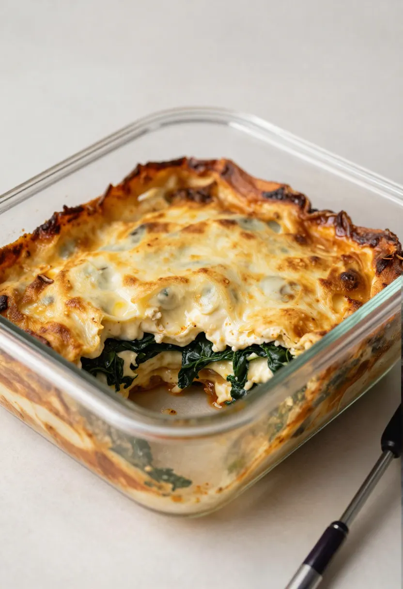 Spinach ricotta lasagne leftovers in glass container
