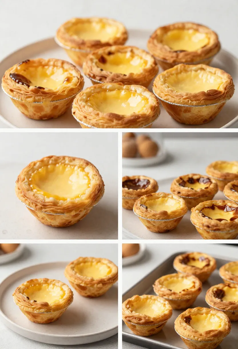 Collage of fresh, chilled, and reheated pastéis de nata showing texture differences