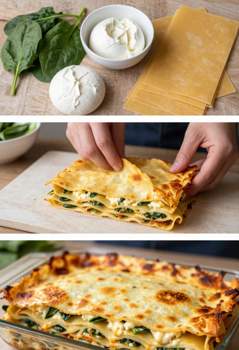 Collage of rustic and refined spinach ricotta lasagne styles