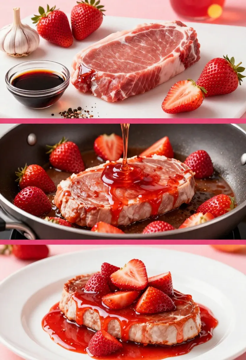 Strawberry balsamic pork chop collage with fresh ingredients, cooking process, and vibrant plated dish