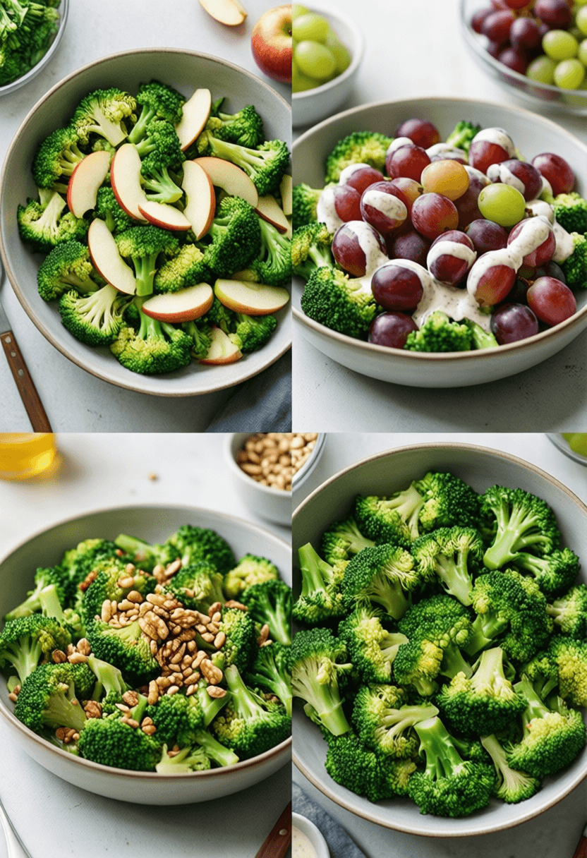 Collage of broccoli salad variations with apples, grapes, and different toppings