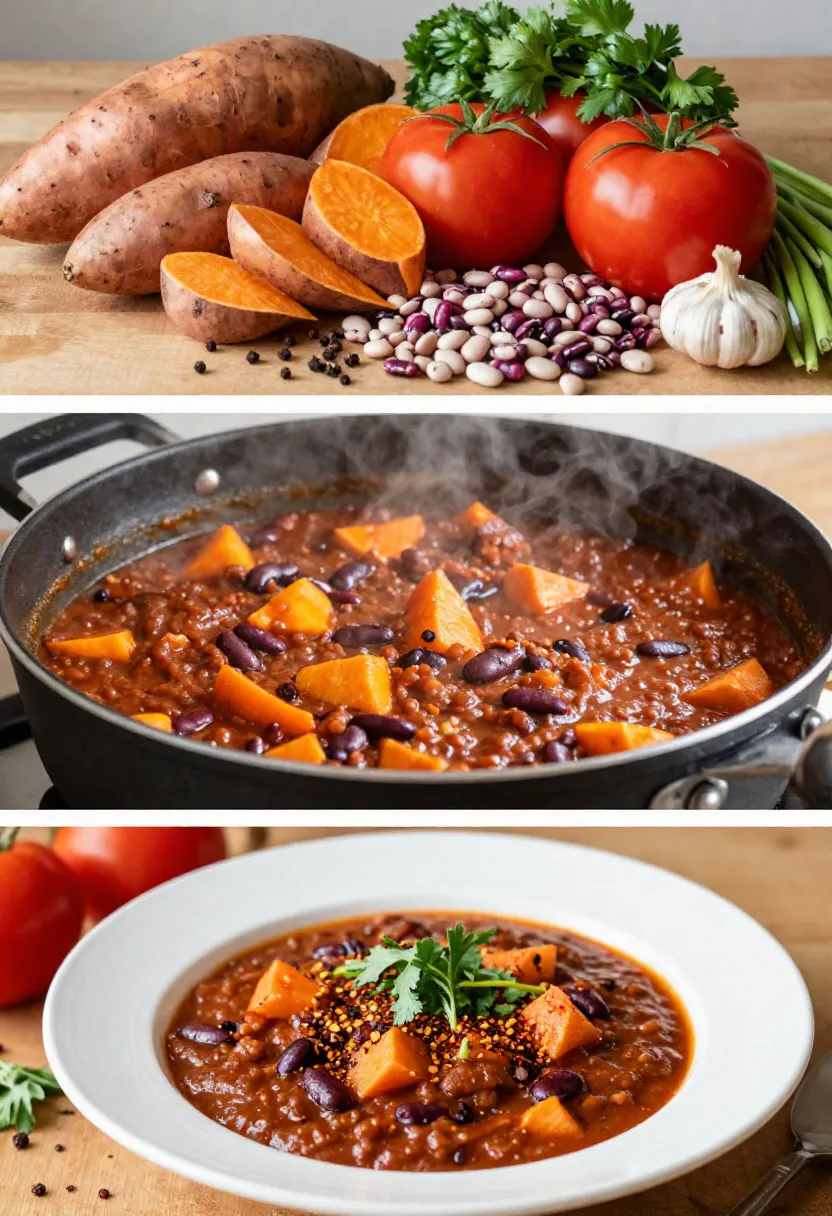 Collage of sweet potato and bean chili from ingredients to finished dish