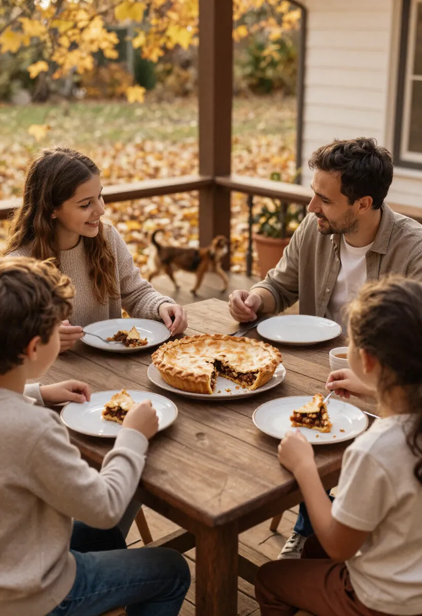 Family enjoying game pie on a veranda in warm autumn atmosphere with a pet nearby