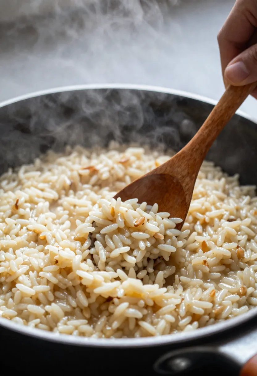 Stirring risotto in pan during cooking process