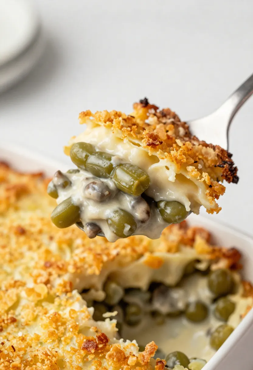 Green bean casserole showing creamy layers and crispy topping