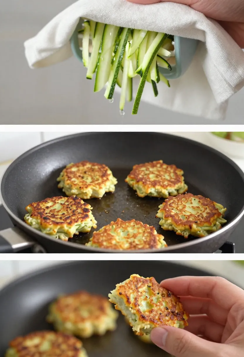 Collage showing key steps like squeezing zucchini, frying fritters, and testing doneness