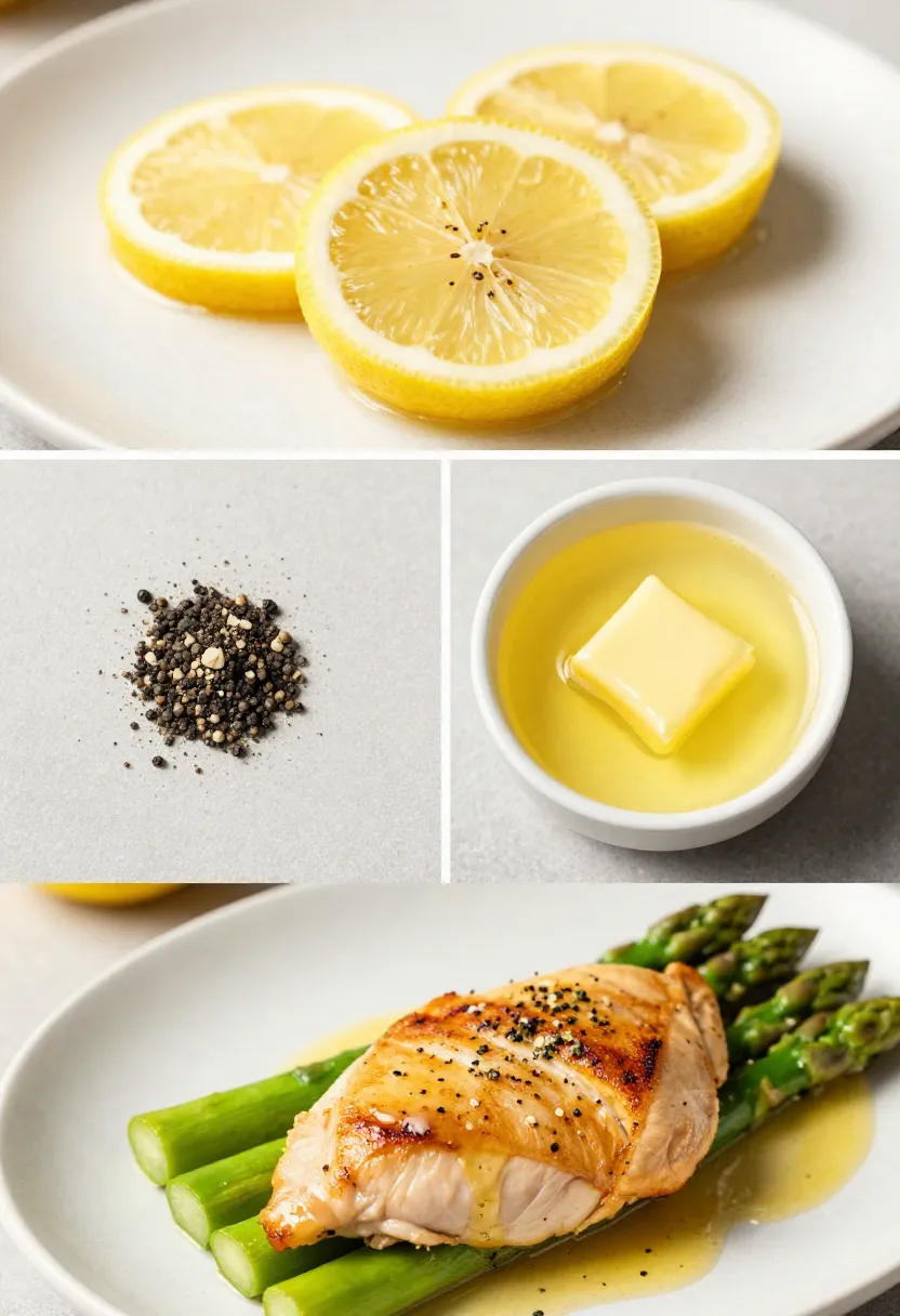 Collage of lemon, pepper, butter, and chicken with asparagus components