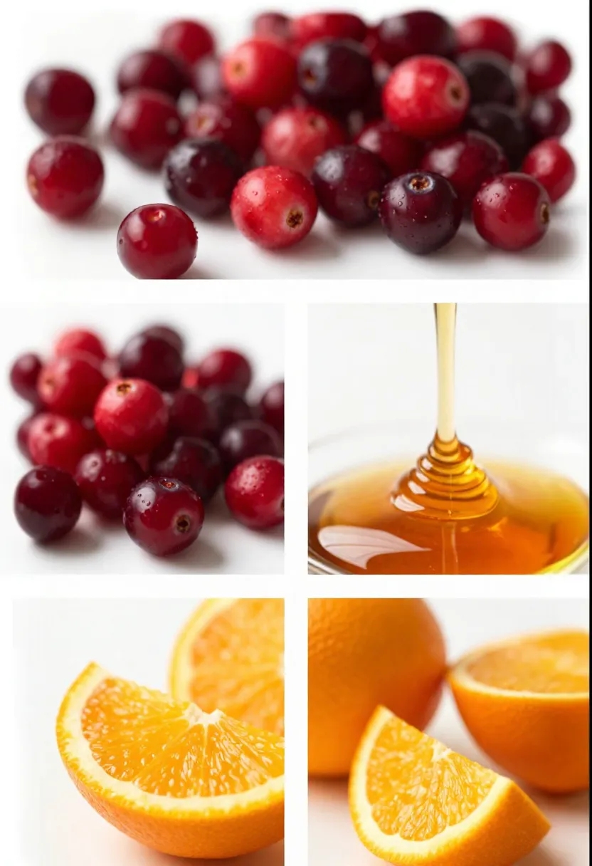cranberries maple syrup and orange collage for sauce ingredients