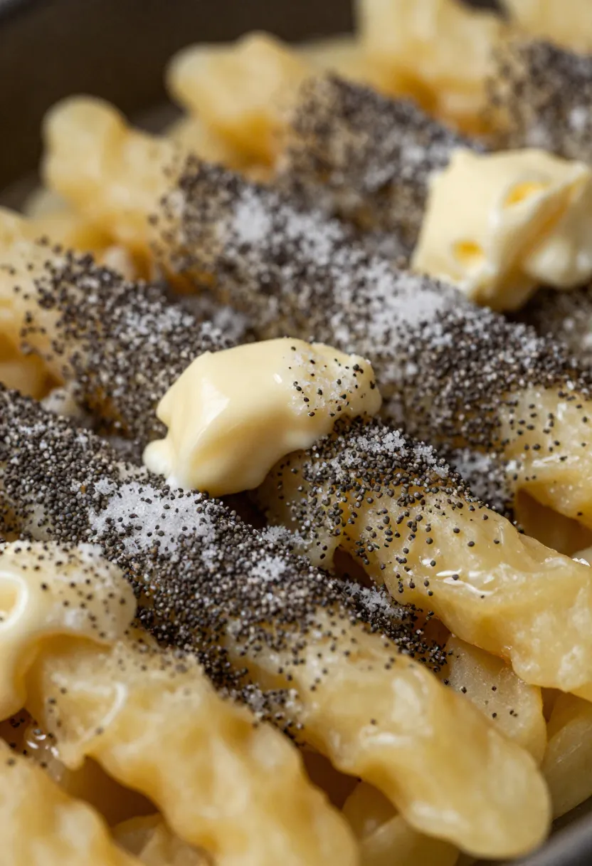 Close-up of mohnnudeln with butter and ground poppy seeds