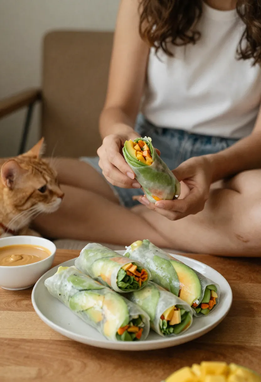 Person enjoying spring rolls with a pet in a cozy setting