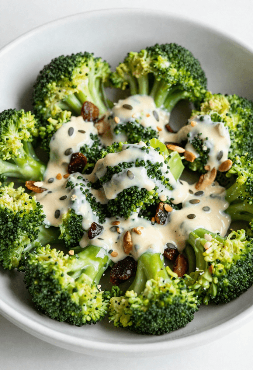 Casual broccoli salad preparation with fresh ingredients and creamy dressing in a relaxed setting