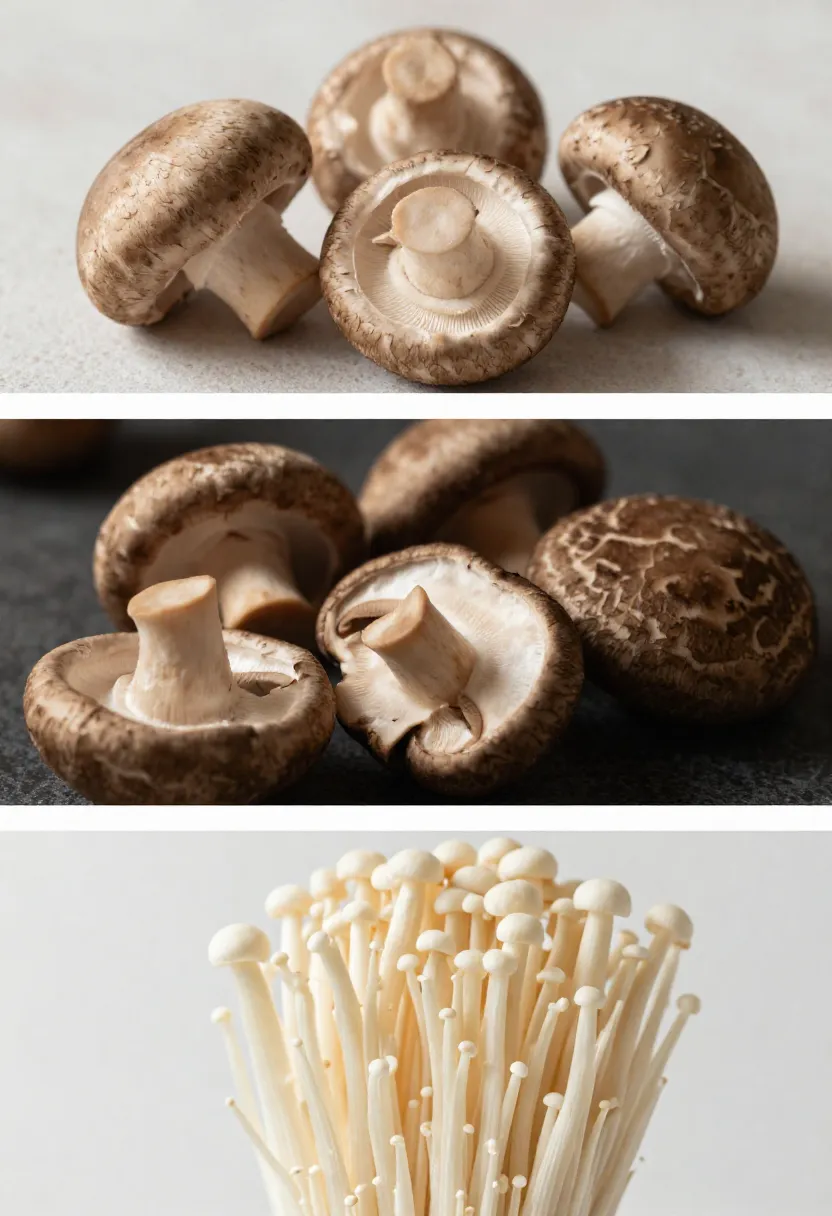 Three-frame collage of different mushroom varieties