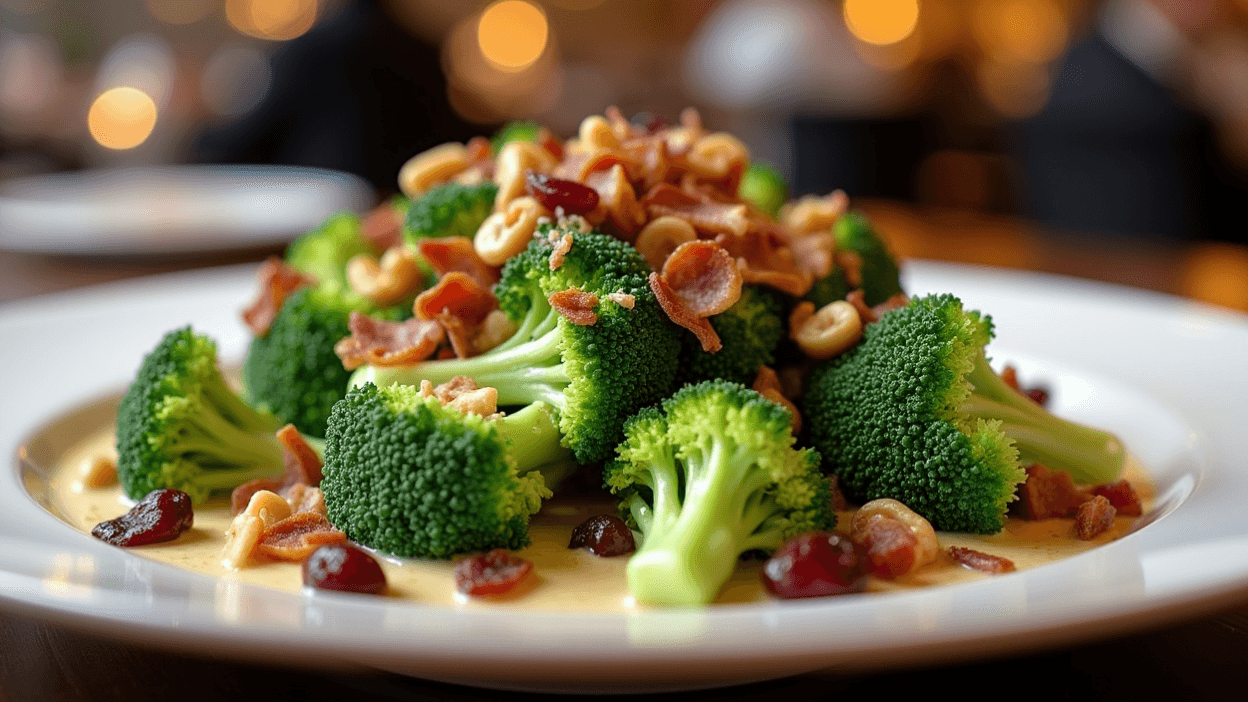 Elegant broccoli salad with creamy dressing and toppings in a bright restaurant-style presentation