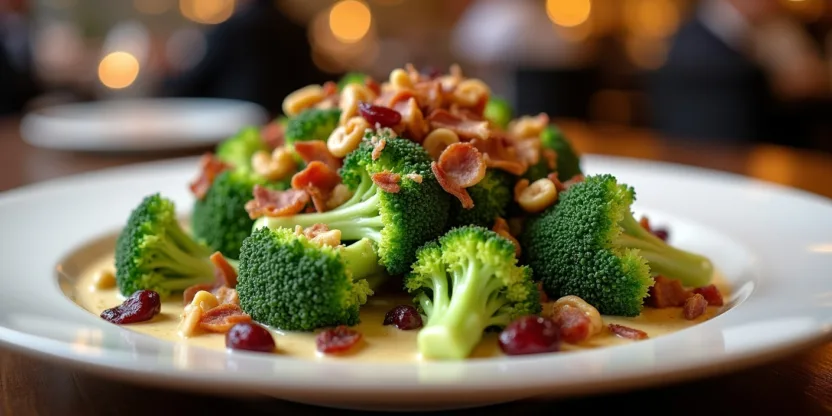 Elegant broccoli salad with creamy dressing and toppings in a bright restaurant-style presentation