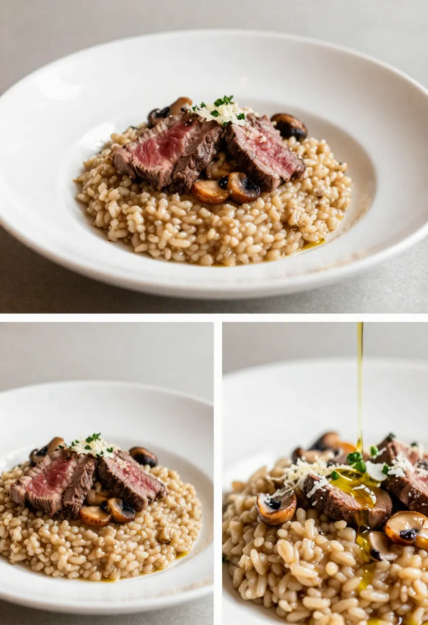 Plated beef and mushroom brown rice risotto in elegant presentation