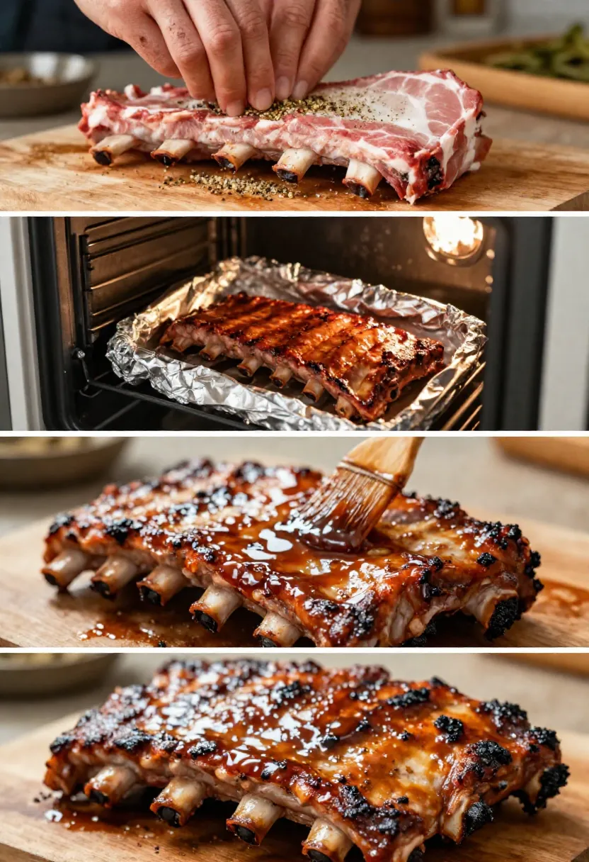 Collage showing step-by-step process of cooking BBQ ribs