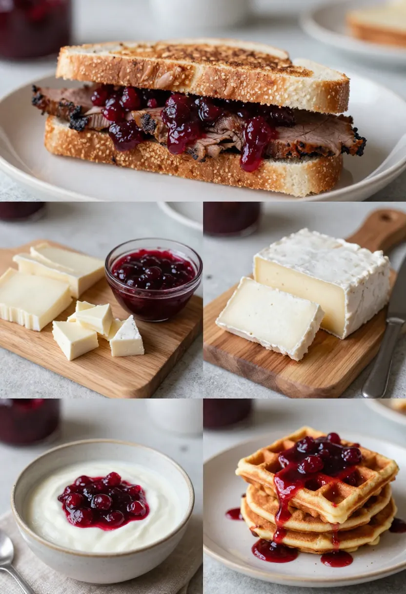 collage of maple cranberry sauce used in sandwiches breakfast and desserts
