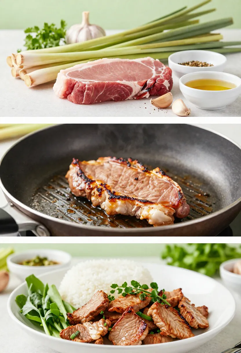 Vietnamese lemongrass pork chop collage with fresh ingredients, cooking process, and plated dish with rice and herbs