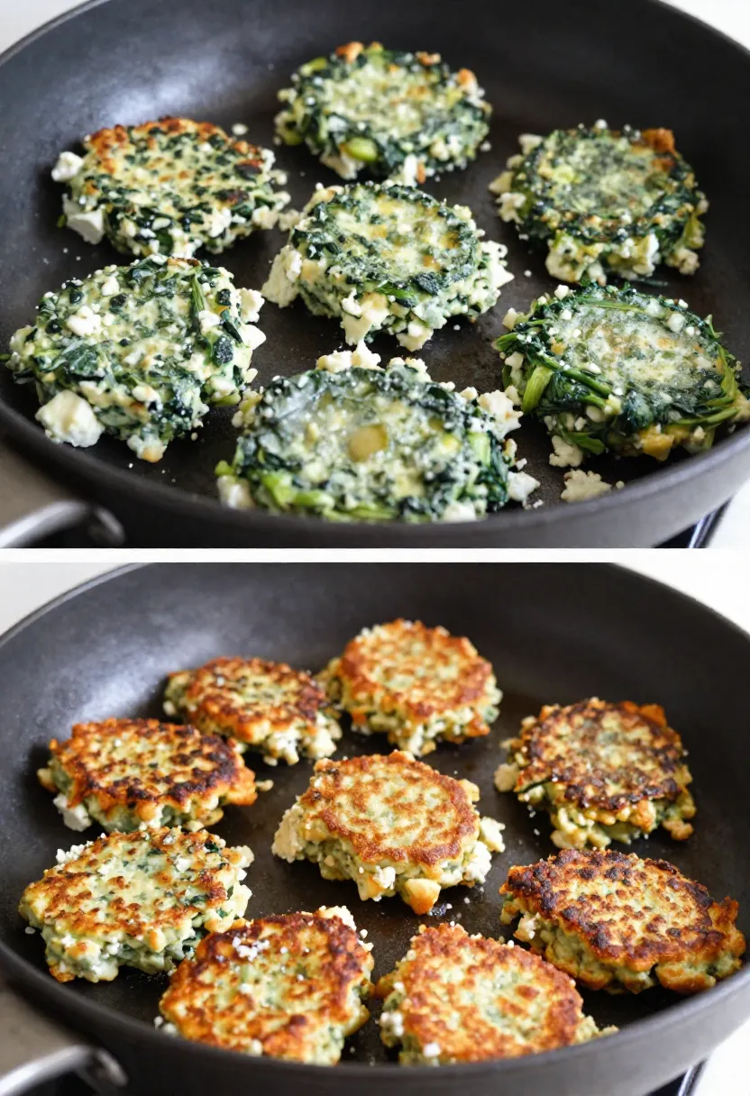 Two-frame collage showing different spinach fritter textures and cooking results