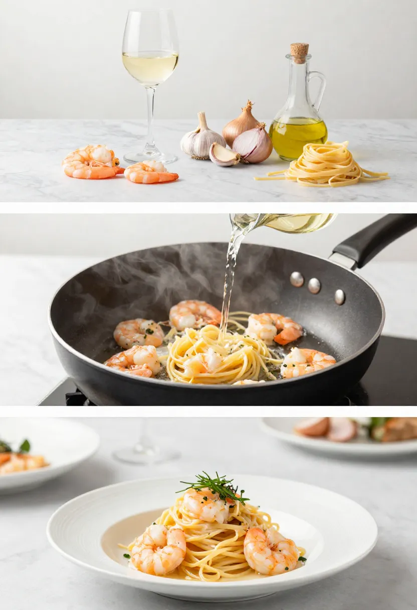 White wine shrimp pasta ingredients, cooking, and plated dish