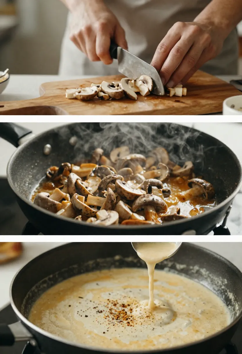 Collage showing mushrooms cooking from raw to golden brown