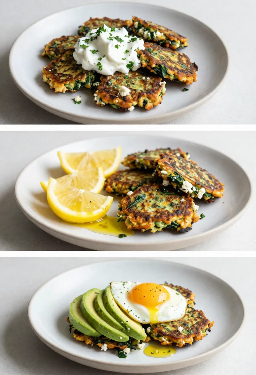 Collage of spinach and feta fritters served with yogurt, lemon, and avocado