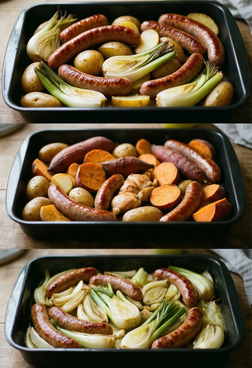 Three variations of sausage tray bake with different ingredients and styles