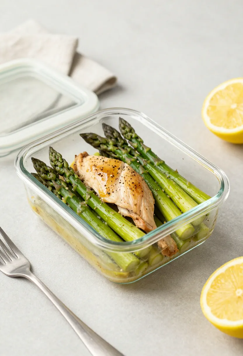 Leftover lemon chicken with asparagus in a storage container